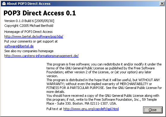 Abbildung des Infodialogs der POP3DA-Anwendung, welcher Informationen über Version, Copyright und Lizenz zeigt